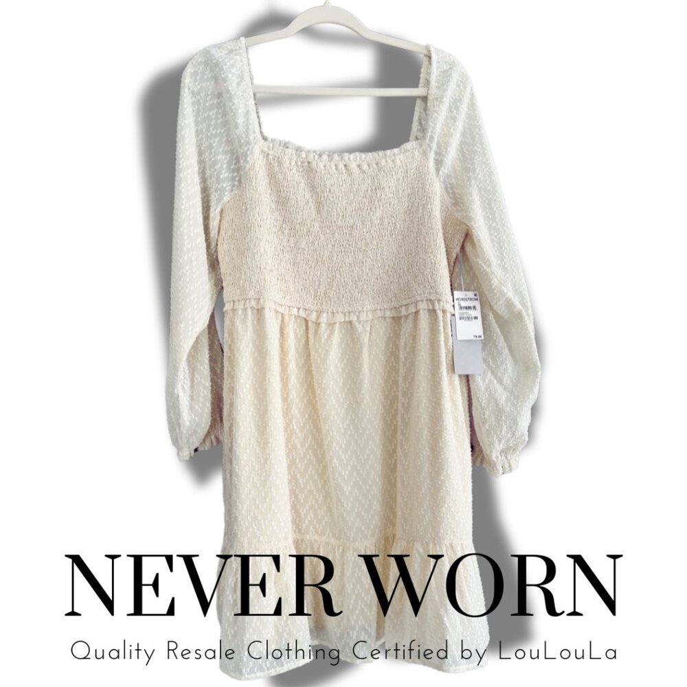 Ivory Cloud Smocked Dress with Sheer Sleeves | Never Worn | Size XL